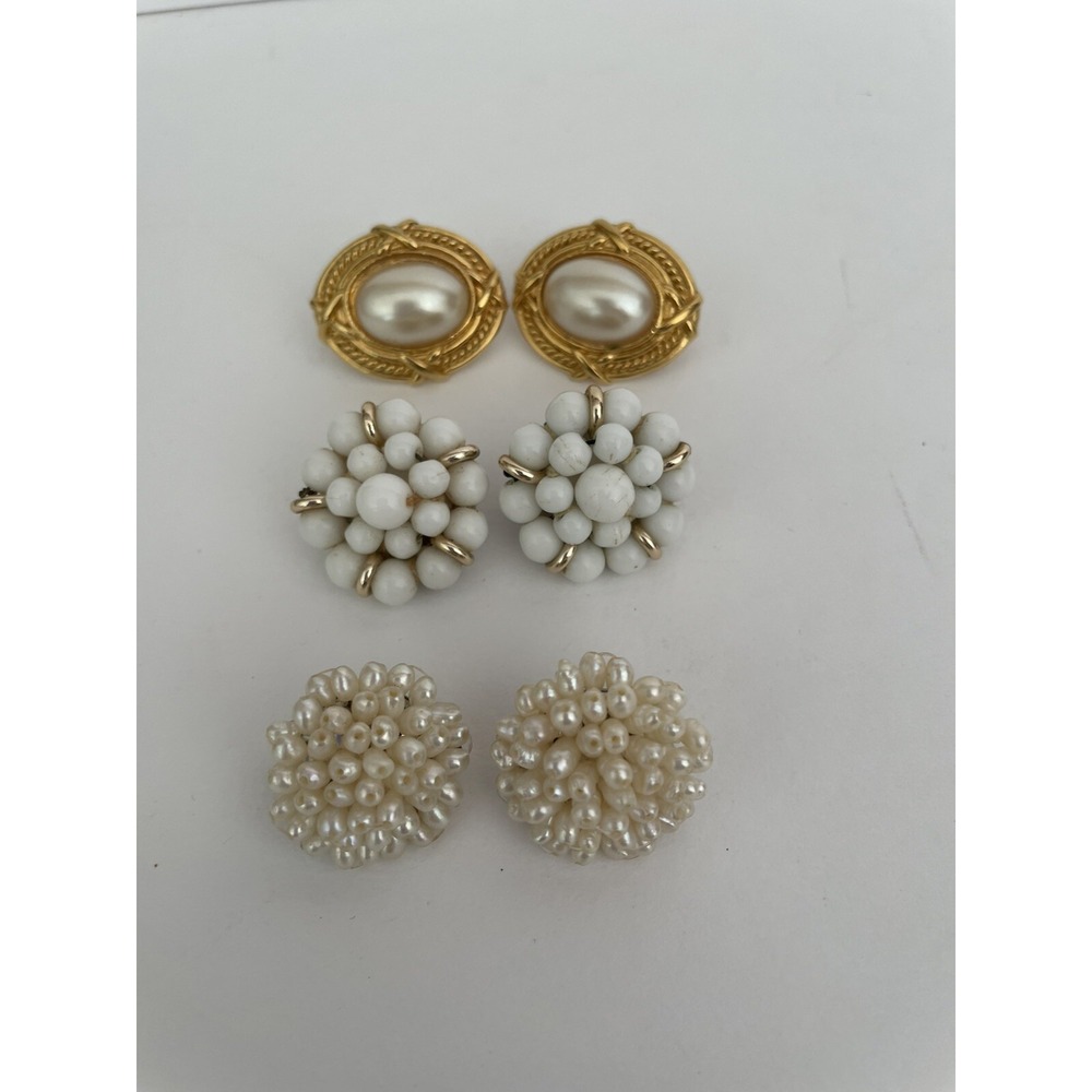 3 Pairs Of Clip On Vintage Earrings Grandmacore Granny Core Faux Pearl Gold tone